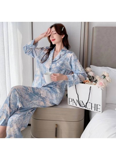 Forest print silk Long encanto pajamas on White and Blue Wholesale and Retail