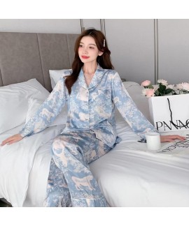 Forest print silk Long encanto pajamas on White and Blue Wholesale and Retail