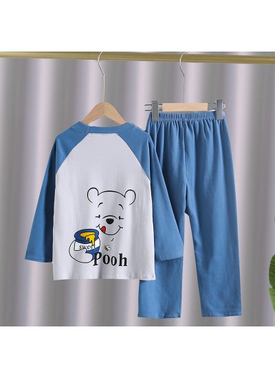 Boys blue Pooh Bear fall cotton long-sleeved cartoon pajamas two-piece set Wholesale and Retail