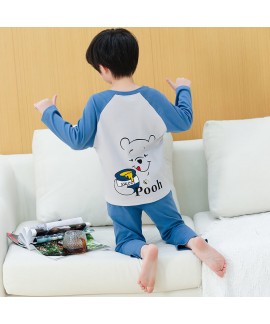 Boys blue Pooh Bear fall cotton long-sleeved cartoon pajamas two-piece set Wholesale and Retail