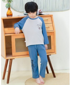 Boys blue Pooh Bear fall cotton long-sleeved cartoon pajamas two-piece set Wholesale and Retail
