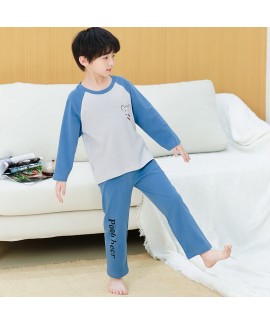 Boys blue Pooh Bear fall cotton long-sleeved cartoon pajamas two-piece set Wholesale and Retail