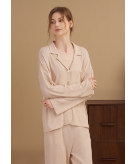 Spring autumn new solid color pajamas female waffl...