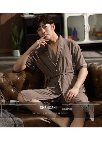 Plus Size Cotton Bathrobe Summer Thin Coffee Men's Modal Nightgown Two-piece Mid-length Pajamas Wholesale