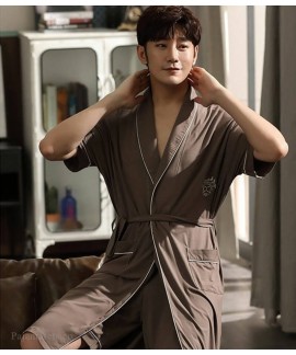 Plus Size Cotton Bathrobe Summer Thin Coffee Men's Modal Nightgown Two-piece Mid-length Pajamas Wholesale