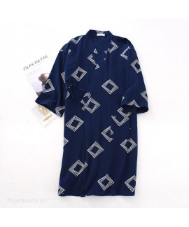 Men's Summer Square Print Thin Nightgown Cotton Do...