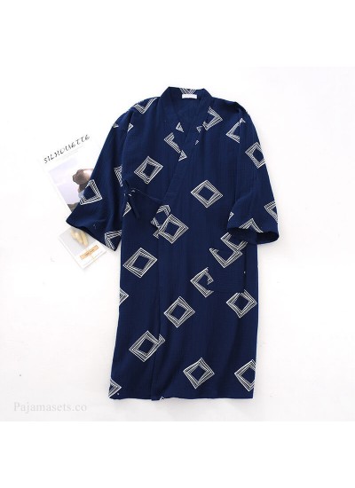 Men's Summer Square Print Thin Nightgown Cotton Double-layer Gauze Japanese Cardigan Steaming Bathrobe Wholesale
