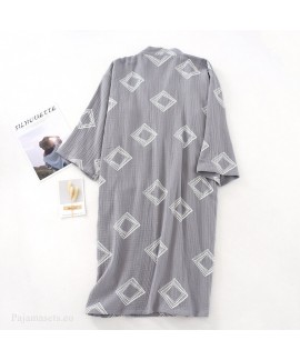 Men's Summer Square Print Thin Nightgown Cotton Double-layer Gauze Japanese Cardigan Steaming Bathrobe Wholesale