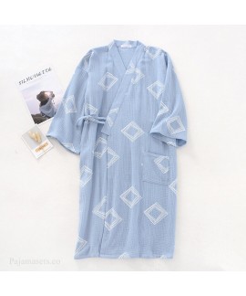 Men's Summer Square Print Thin Nightgown Cotton Double-layer Gauze Japanese Cardigan Steaming Bathrobe Wholesale