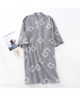 Men's Summer Square Print Thin Nightgown Cotton Double-layer Gauze Japanese Cardigan Steaming Bathrobe Wholesale