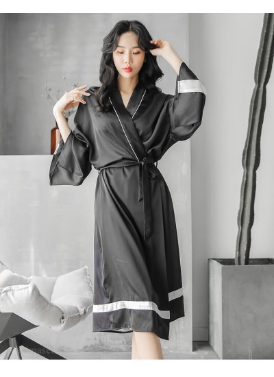 Bathrobe Female Animal Print Ice Silk Long-sleeved Spring Autumn Summer Nightgown Over-the-knee Morning Gown Pajama Wholesale