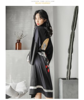 Bathrobe Female Animal Print Ice Silk Long-sleeved Spring Autumn Summer Nightgown Over-the-knee Morning Gown Pajama Wholesale