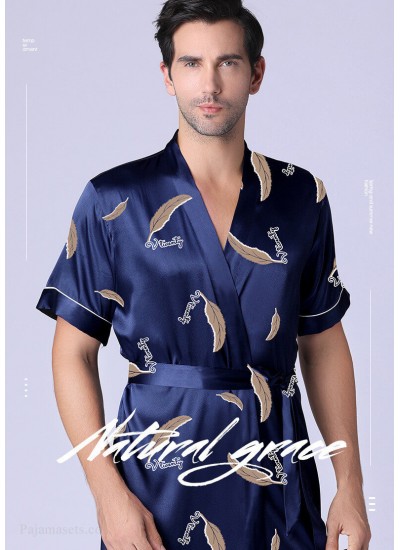 Summer Men's Bathrobe Short-sleeved Navy Nightgown Ice Silk Leaves Printed Thin Home Service Wholesale