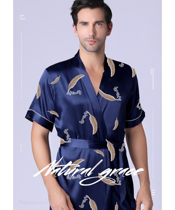 Summer Men's Bathrobe Shortsleeved Navy Nightgown Ice Silk Leaves