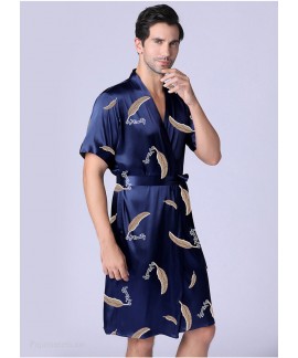 Summer Men's Bathrobe Short-sleeved Navy Nightgown Ice Silk Leaves Printed Thin Home Service Wholesale