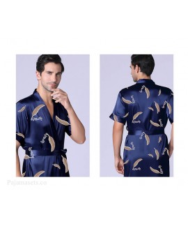 Summer Men's Bathrobe Short-sleeved Navy Nightgown Ice Silk Leaves Printed Thin Home Service Wholesale