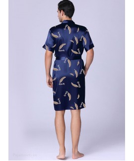 Summer Men's Bathrobe Short-sleeved Navy Nightgown Ice Silk Leaves Printed Thin Home Service Wholesale