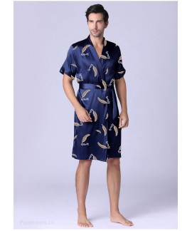 Summer Men's Bathrobe Short-sleeved Navy Nightgown Ice Silk Leaves Printed Thin Home Service Wholesale