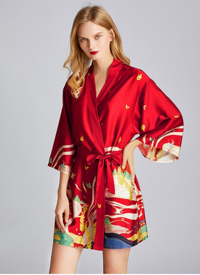 Summer Red Wine Ice Silk Print Female Nightgown Thin Section Autumn Women's Loose Bathrobe Wholesale