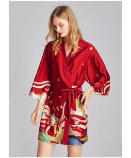 Summer Red Wine Ice Silk Print Female Nightgown Thin Section Autumn Women's Loose Bathrobe Wholesale