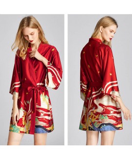 Summer Red Wine Ice Silk Print Female Nightgown Thin Section Autumn Women's Loose Bathrobe Wholesale
