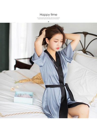 Female Stitching Printed Alphabet Silk Nightgown Spring Summer Thin Women Robe Kimono Wholesale