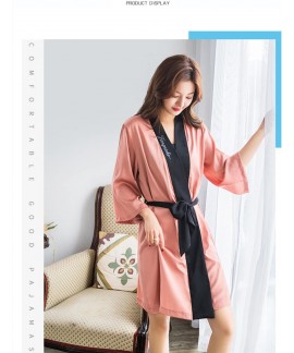 Female Stitching Printed Alphabet Silk Nightgown Spring Summer Thin Women Robe Kimono Wholesale