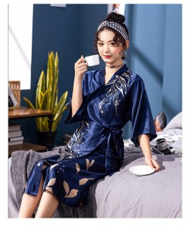 Female Feather Print Ice Silk Long Bathrobe Short Sleeve Nightgown Summer Thin Robe Japanese Kimono Wholesale