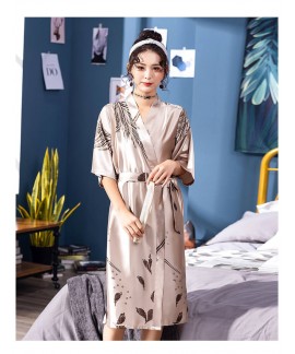 Female Feather Print Ice Silk Long Bathrobe Short Sleeve Nightgown Summer Thin Robe Japanese Kimono Wholesale