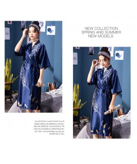 Female Feather Print Ice Silk Long Bathrobe Short Sleeve Nightgown Summer Thin Robe Japanese Kimono Wholesale