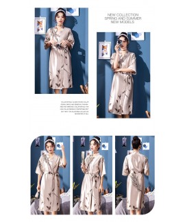Female Feather Print Ice Silk Long Bathrobe Short Sleeve Nightgown Summer Thin Robe Japanese Kimono Wholesale