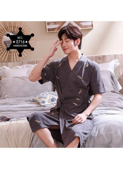 Pure Cotton Plant Print Short-sleeved Men's Nightgown Summer Thin Pajamas Mid-length Loose Large Size Bathrobe Wholesale