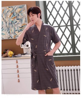 Pure Cotton Plant Print Short-sleeved Men's Nightgown Summer Thin Pajamas Mid-length Loose Large Size Bathrobe Wholesale