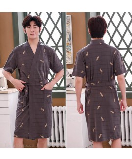 Pure Cotton Plant Print Short-sleeved Men's Nightgown Summer Thin Pajamas Mid-length Loose Large Size Bathrobe Wholesale