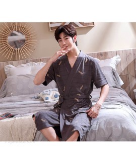 Pure Cotton Plant Print Short-sleeved Men's Nightgown Summer Thin Pajamas Mid-length Loose Large Size Bathrobe Wholesale