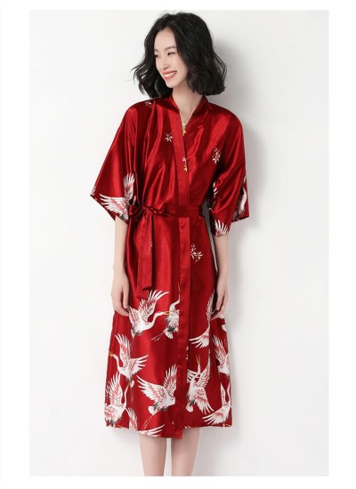 Summer ice silk sexy print pajamas women Robe short sleeve nightgown wholesale
