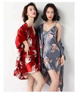 Summer ice silk sexy print pajamas women Robe short sleeve nightgown wholesale