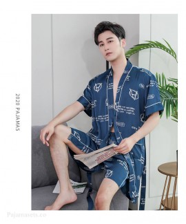 Summer Fashion Korean Ice Silk Navy Print Nightgown Men's Short-sleeved Simulation Silk Male Loose Bathrobe Wholesale