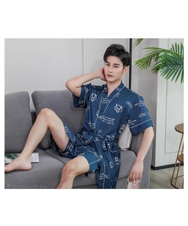 Summer Fashion Korean Ice Silk Navy Print Nightgown Men's Short-sleeved Simulation Silk Male Loose Bathrobe Wholesale