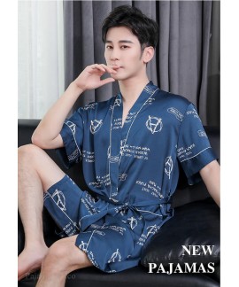 Summer Fashion Korean Ice Silk Navy Print Nightgown Men's Short-sleeved Simulation Silk Male Loose Bathrobe Wholesale