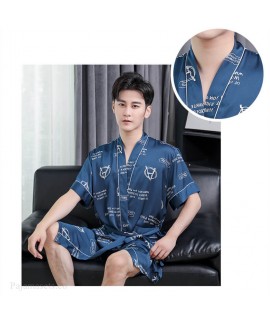 Summer Fashion Korean Ice Silk Navy Print Nightgown Men's Short-sleeved Simulation Silk Male Loose Bathrobe Wholesale