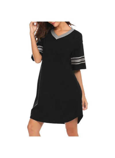 Amazon women's nightdress medium-sleeved V-neck splicing nightgown Wholesale and Retail