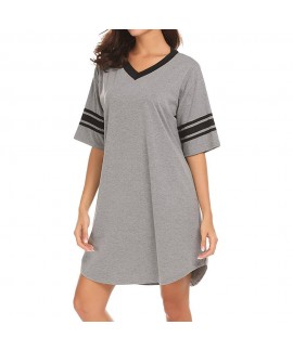 Amazon women's nightdress medium-sleeved V-neck splicing nightgown Wholesale and Retail