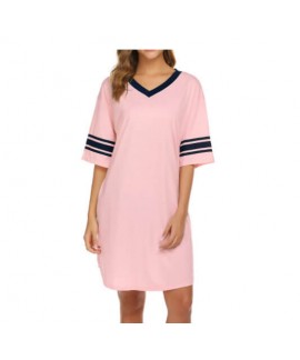 Amazon women's nightdress medium-sleeved V-neck splicing nightgown Wholesale and Retail