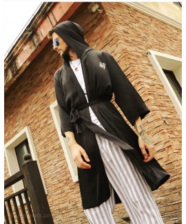 Men's Nightgown Trend Spring Summer Autumn Letters Long-sleeved Bathrobe Thin Silk Hooded Loose Pajamas Wholesale