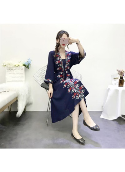 Ethnic style embroidered Cotton nightgown female loose bathrobe print wear home service Wholesale