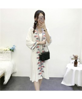 Ethnic style embroidered Cotton nightgown female loose bathrobe print wear home service Wholesale