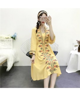 Ethnic style embroidered Cotton nightgown female loose bathrobe print wear home service Wholesale