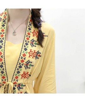 Ethnic style embroidered Cotton nightgown female loose bathrobe print wear home service Wholesale