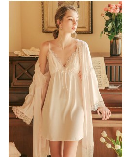 Summer French Ice Silk Lace Sexy Thin Nightgown Suspenders Nightdress two-piece with chest pad Wholesale